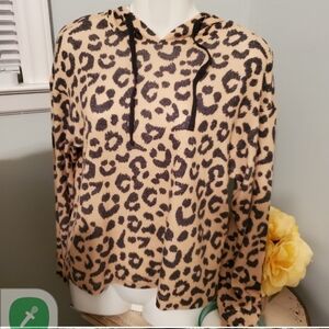 BLACK AND TAN ANIMAL PRINT BRUSHED KNIT HOODED SWEATER NWOT SIZE XS